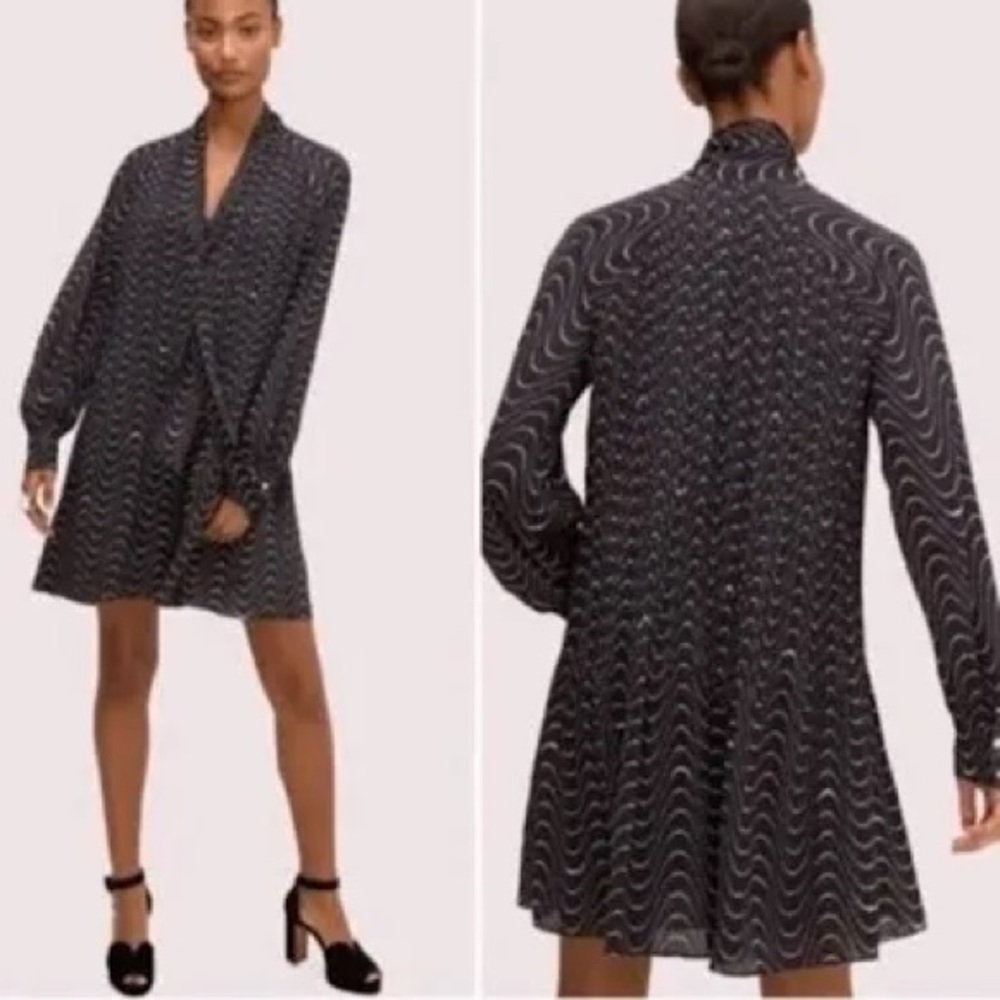NWOT Kate spade Black/tan Long-Sleeve Bow-Neck Dress with Wave Dot Pattern